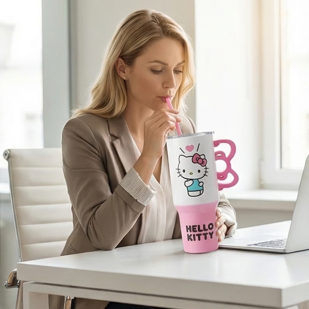Hello Kitty White and Pink Insulated Tumbler with Bow Handle 40oz